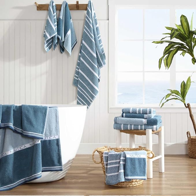 Nautica – Bathroom Towels, Soft Plush Washcloth, Bath & Hand Towel Set, Highly Absorbent Yarn Dyed Terry Cotton, Set of 6, College Dorm Room Essentials (Belle Castle Blue)