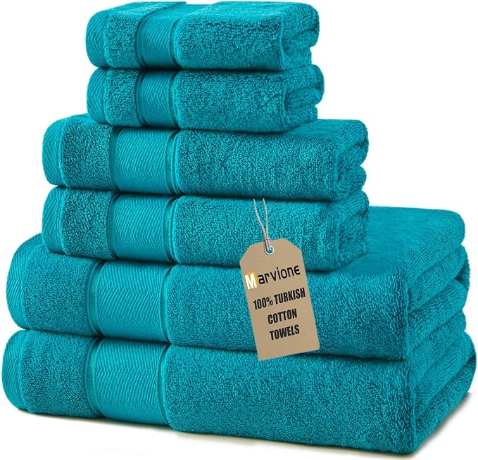 Marvione Bath Towels Set 6 Piece, 100% Turkish Cotton Highly Absorbent and Soft Towels for Bathroom 2 Bath Towels 2 Hand Towels 2 Washcloths, Teal