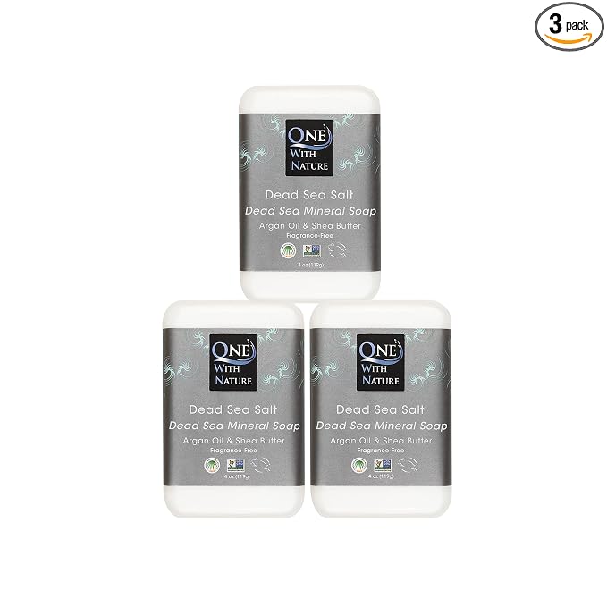One With Nature Dead Sea Salt Soap 4oz 3-Pack – Purifying Soap Bar with Dead Sea Minerals for Face & Body, for Men & Women. Unscented.