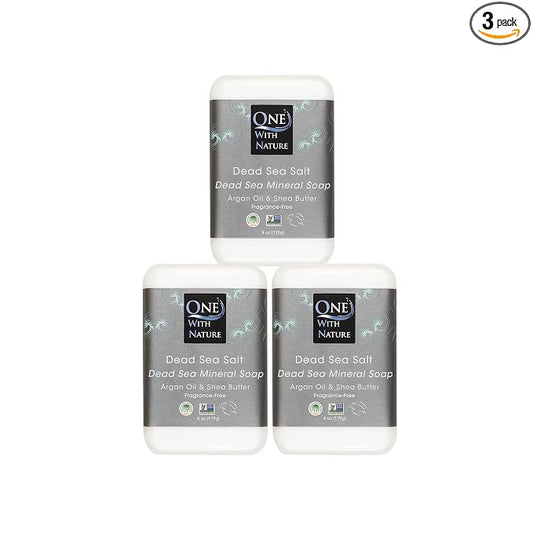 One With Nature Dead Sea Salt Soap 4oz 3-Pack – Purifying Soap Bar with Dead Sea Minerals for Face & Body, for Men & Women. Unscented.