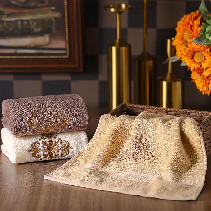 FuWeave 3 Pcs Vintage Brown Hand Towels Fancy Decorative Bathroom Towels 13.3 x 29.5'' Luxury Damascus Embroidered 100% Cotton Soft Absorbent for Bathroom Kitchen Boho Decor
