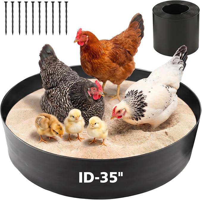 Large Chicken Dust Bath Tub, 5.9''H Bottomless Design, PE Material, Adjustable Dust Bath for Chickens, Chicken Coop Cleaner Container,Essential Chicken Coop Accessory (35"-ID)