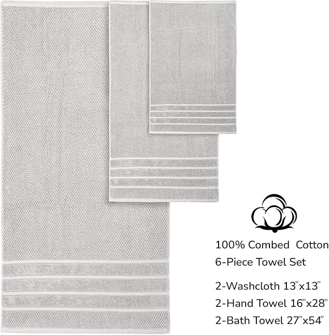 Feather & Stitch 100% Cotton 625 GSM Bath Towel Set of 6, Ultra Soft Highly Absorbent 2 Bath Towels, 2 Hand Towels & 2 Washcloth - Luxury Quick Dry Shower Towels (Silver)