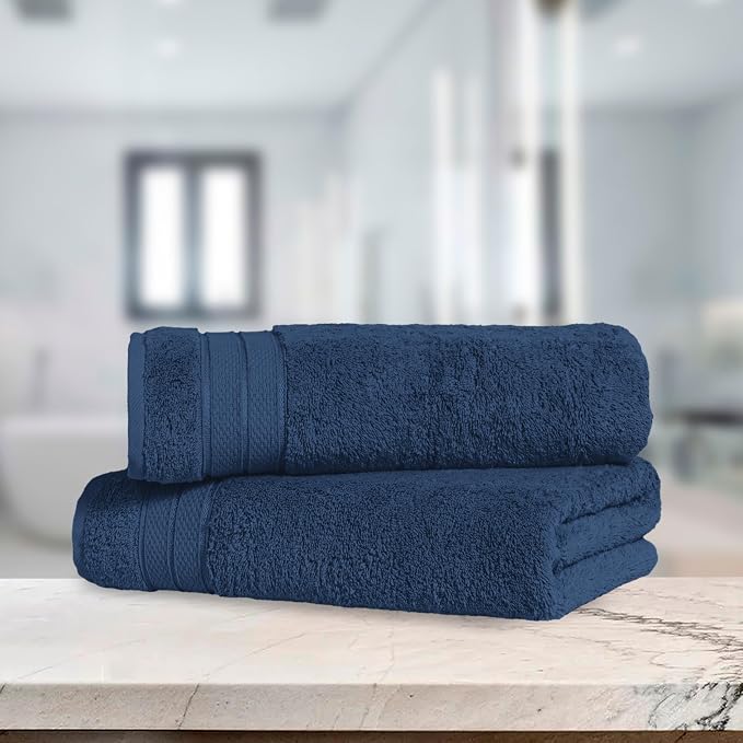 Elegant Comfort Three Line Popcorn Towel Set for Bathroom 27 x 54 inches, Premium Hotel Quality 2-Pack Bath Towels, 100% Turkish Cotton, Soft and Durable, Quick Dry and Highly Absorbent, Navy Blue
