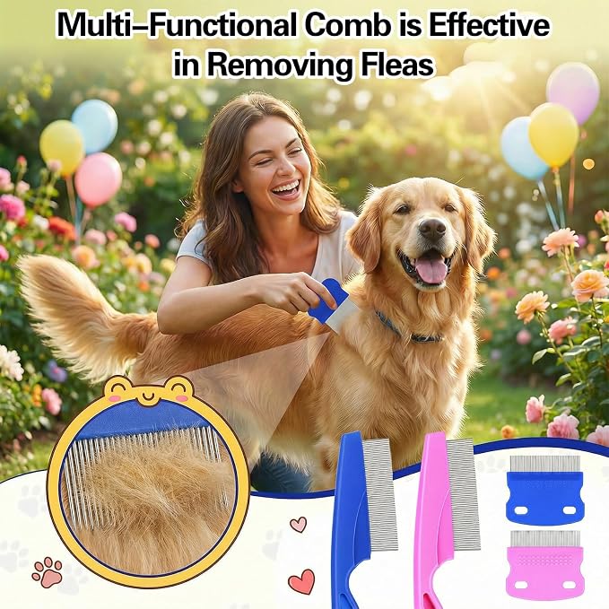 4 Pcs Flea Comb For Dogs Pets Grooming Kit Professional Stainless Steel Tear Stain Remover & Flea Lice Comb For Small Dogs Cats Pets Puppy Tick Grooming And Removing Knots Crust Mucus