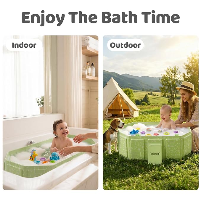 Collapsible Baby Bathtub for Newborn to Toddler, Foldable Toddler Bathtub with Drain Plug, Non-Slip Portable Infant Bath Tub for Travel, Storage & Outdoor Use, Green