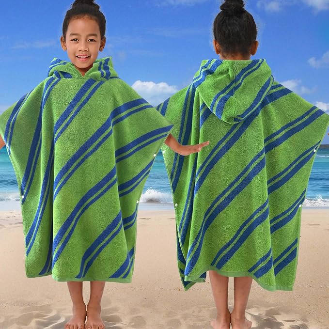 VOOVA & MOVAS Kids Hooded Poncho Towels (4-8Years,27.5"x27.5"),100% Cotton Soft Absorbent Towel for Boys,Perfect for Bathroom | Pool | Beach | Swimming, Jacquard Green Stripe
