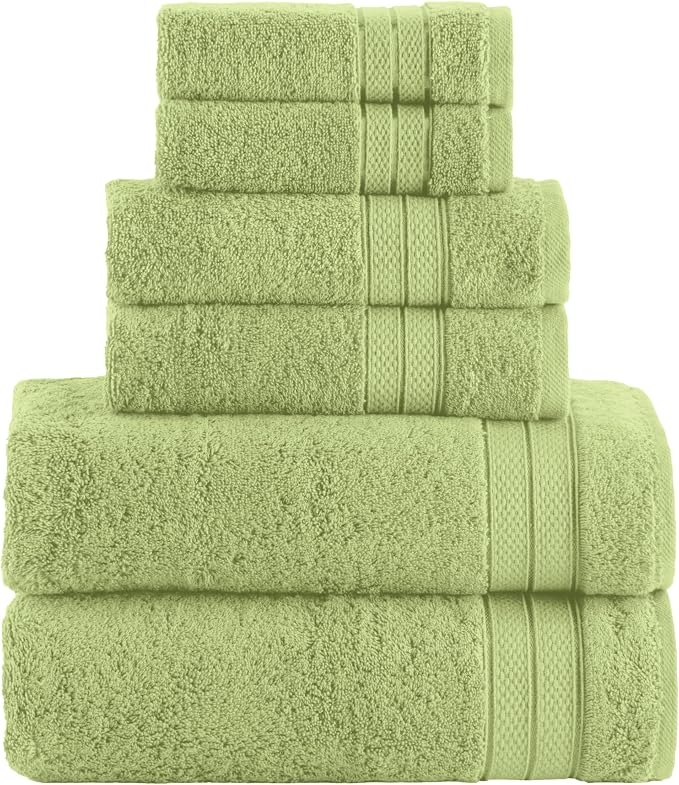 Elegant Comfort Luxury 6-Piece Towel Set, Premium Soft 100% Turkish Cotton, Three Line Popcorn Design 2 Bath Towels, 2 Hand Towels and 2 Washcloths Towel Set - Quick-Drying and Absorbent, Sage Green