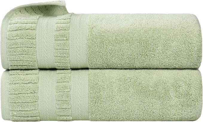 Superior Venice Zero Twist Cotton Medium Weight Towels, for Guest Bath, Bathroom, Shower, Spa, Plush Towels, Bath Essentials, Ribbed Textured Border, Bath Towels, Set of 2, Green