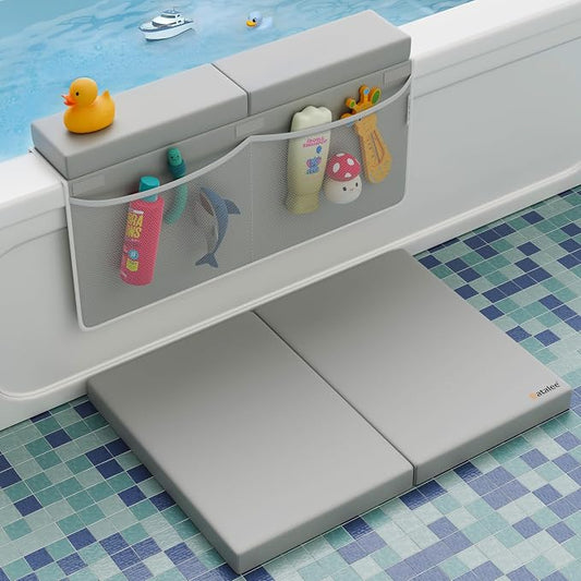 Bath Kneeler and Elbow Rest Pad Set - Baby Bath Kneeler, Bathtub Kneeling Pad, Kneeling Pad for Bathing Baby, Knee & Elbow Saver with 4 Toy Organizer Pockets, X-Large 22 × 15 in, Gray