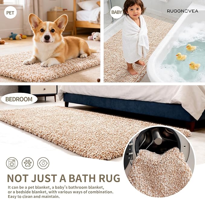 Bathroom Rugs Non Slip Washable 59x24, Ultra Soft Thick Shaggy Absorbent Bath Mats,High Density Foam Latex Non Slip Backing Bath Rugs,Microfiber Bath Mats for Bathroom Floor&Sink,White Beige
