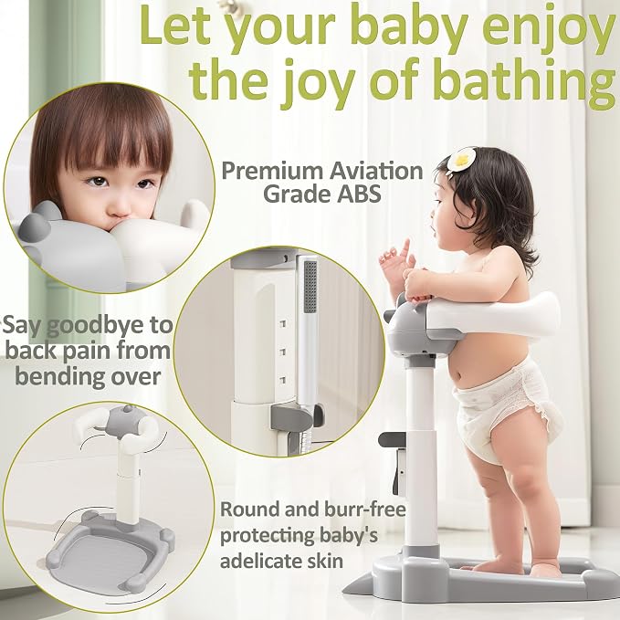 Baby Shower Stand, Baby Standing Bath with Anti-Pinch Adjustable Height and Armrest, Shower Standing Support with Anti-Slip Base and Mat for Infants 6-36 Months -Green