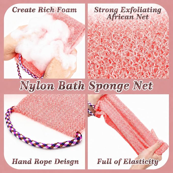 Manmihealth Silicone Back Scrubber for Shower & African Net Sponge Net Set, 36'' Dual-Sided Back Washer & African Long Bath Sponge, Extendable Long Silicone Body Brush (Pink+Pink)