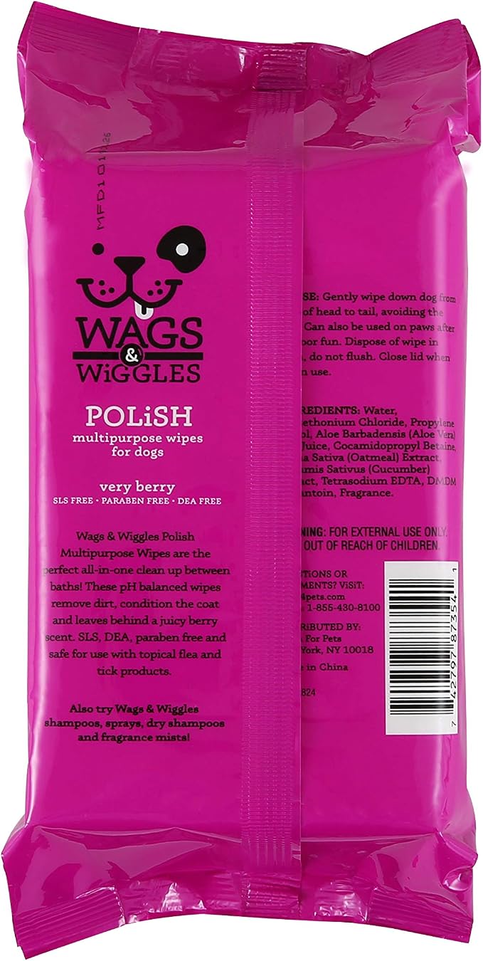 Wags and Wiggles Polish Multipurpose Wipes for Dogs, Very Berry Scent - Scented Wipes that Clean and Condition Your Dog’s Coat Between Baths, Gentle Formula, 100 Count