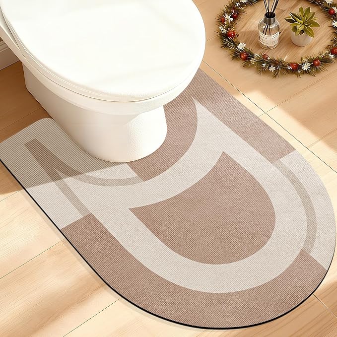 ACCUMTEK Non Slip Bath Mat, Thin Bathroom Rugs Fit Under Door, Quick Dry Bath Mats, Machine Washable Bath Rugs for Bathroom, Bathtub & Kitchen, Light Brown/Bordered/U-Shaped 24"x20"