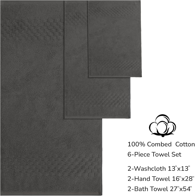 Feather & Stitch 100% Cotton 625 GSM Bath Towel Set of 6, Ultra Soft Highly Absorbent 2 Bath Towels, 2 Hand Towels & 2 Washcloth - Luxury Quick Dry Shower Towels (Dark Grey)