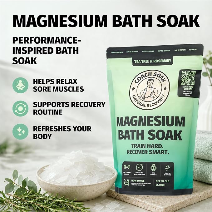 Coach Soak Recovery Bath Soak - Alternative to Epsom Salt Bath Soak - Fast-Absorbing Pure Magnesium Flakes & Dead Sea Salt with 21 Minerals, Bath Salts & Essential Oils - 3 lb, Tea Tree & Rosemary