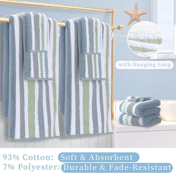 Striped Bath Towels (4PC, 28"x52") - Quick Dry | Absorb | Lightweight | 500GSM | Soft, Cotton Polyester Blend Bath Towels, Decorative Bath Towel with Hanging Loops, Navy Grey Green Stripes + White