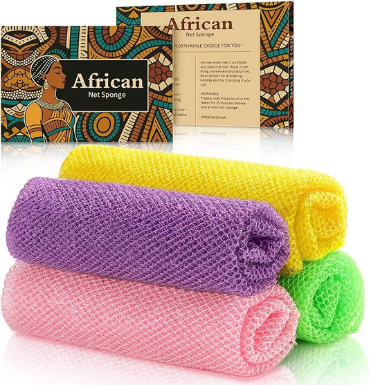 4-Pack Authentic African Net Sponge - Exfoliating Body & Face Scrubber, Travel Portable, Durable & Gentle Exfoliation(Yellow,Pink,Purple,Green)