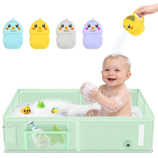 Collapsible Baby Bathtub, Foldable Toddler Bath Tub with Chick Pattern Bath Rinse Cup, No Assembly Portable Travel Bathtub for 6M-5Y, Ideal for Shower, Travel Essentials & Baby Registry Gift