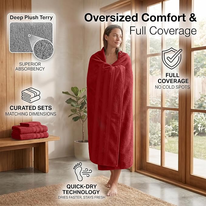 RIVERSIDE Pack of 2 Extra Large Bath Sheets 35 x 70 Inches, 100% Ring Spun Cotton, Hotel Quality, Oversized Bath Towels for Adults, Soft, Highly Absorbent & Quicker to Dry, Red