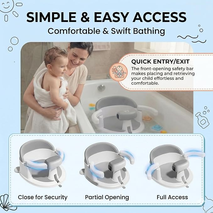 Seated Bath Seat for Baby Sitting Up - Non-Slip Plastic Bath Chair for Baby with Strong Suction Cups & 3 Toys, Safe Bathtub seat for Toddlers Babies 6-24 Months, (Gray, 14.4 x 13.4 x 7.5 Inches)