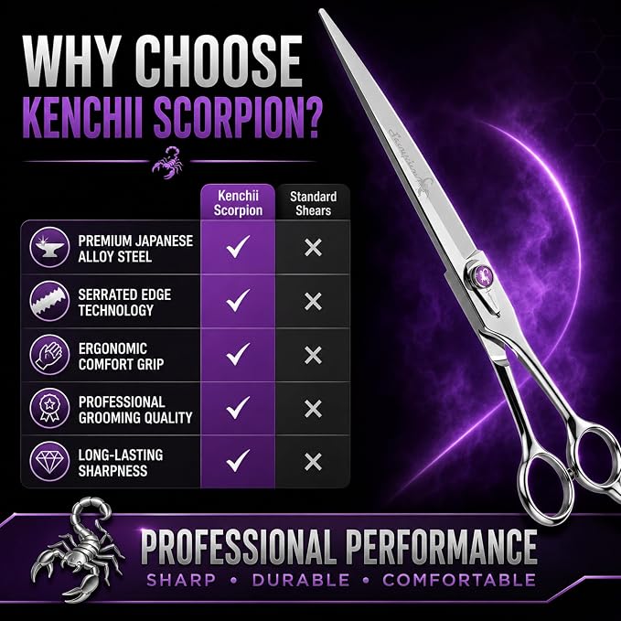 Kenchii Scorpion Dog Grooming Scissors, 9 Inch Straight Shears, Dog Scissors for Grooming, Professional Pet Grooming Scissors, Heavy Duty, Durable and Sharp