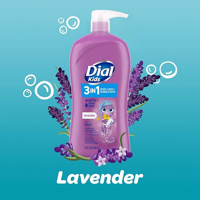 Dial Kids All-in-1 Body + Hair + Bubble Bath, Lavender Scent, 32 Fl Oz, Hypoallergenic Body Wash & Shampoo, No Tears Formula for Kids 2+ Years, No Parabens & Silicones (Pack of 2)
