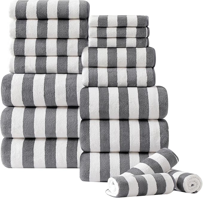 18 Pcs Gray Stripe Bath Towel Set with Hanging Loop-6 Bath Towels,6 Hand Towels,6 Washcloths Soft Family Towels Set Bathroom Towel Highly Absorbent Quick Dry Shower Towel for Beach Chair Spa Gym Hotel