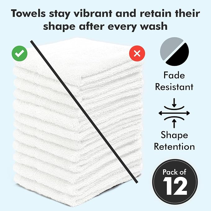 Face Towels Pack of 12 – 100% Cotton Wash Cloths (12x12 inch) – 550 GSM Soft, Quick Dry & Highly Absorbent Ring Spun Cotton Towels for Bathroom, Spa, Gym, Kitchen and for Daily Use - (White)