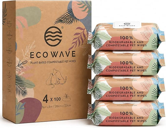 Eco Wave Hypoallergenic Plant-Based Pet Wipes, Dog and Cat Grooming Wipes for Face, Ears, Body, Butt, and Paws, Fragrance Free, Compostable, 400 Count