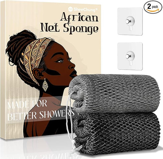 SheeChung African Net Sponge Authentic, Long Exfoliating Wash Cloths Shower Loofah Bath Sponge, 2 Pack Body & Back Scrubber for Women and Men (Light Gray & Black)