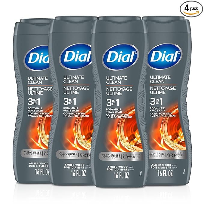 Dial Men 3 in 1 Body, Hair and Face Wash, Ultimate Clean, 16 Fl Oz, Pack of 4, Amber Woods Scent, Cleanses Deep + Gentle on Skin with Clean Rinse Technology