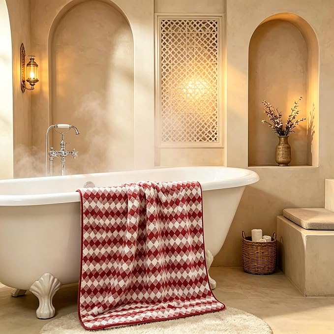 2 Pack Microfiber Bath Towels, 27×55 Inches Large Soft Quick Dry Shower Towels, Lightweight Absorbent Plaid Checkered Bath Towel Set for Bathroom, Travel, Pool, Gym, Home Use