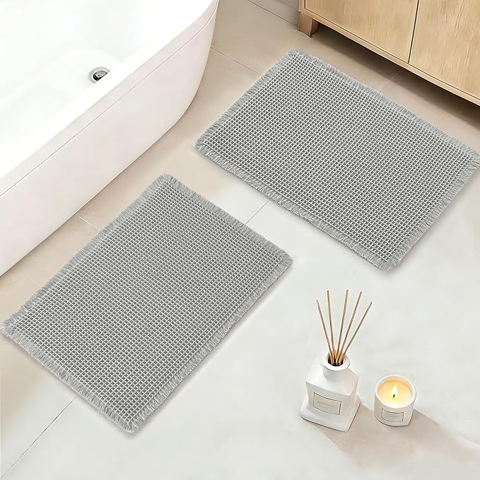 DWCN Waffle Bathroom Mat Set, Super Absorbent Non Slip Bath Rugs Set for Bathroom Floor, Shower Mats 2 Piece for Tub, Washable Kitchen Rugs for Farmhouse Boho Home Decor, 20 x 32 Inch, Grey