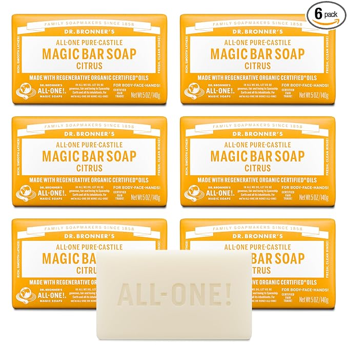 Dr. Bronner's Pure-Castile Magic Soap Bar (Citrus, 5 oz, 6-Pack)- Bath Soap with Regenerative Organic Certified Oils - For Face, Body & Hair - Gentle, Vegan - Bars for Men & Women