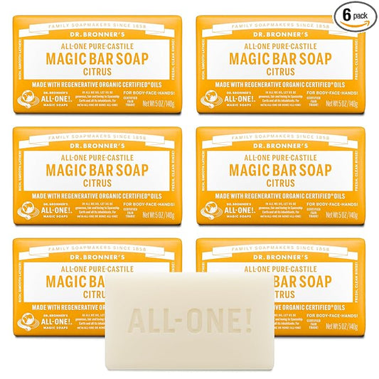 Dr. Bronner's Pure-Castile Magic Soap Bar (Citrus, 5 oz, 6-Pack)- Bath Soap with Regenerative Organic Certified Oils - For Face, Body & Hair - Gentle, Vegan - Bars for Men & Women