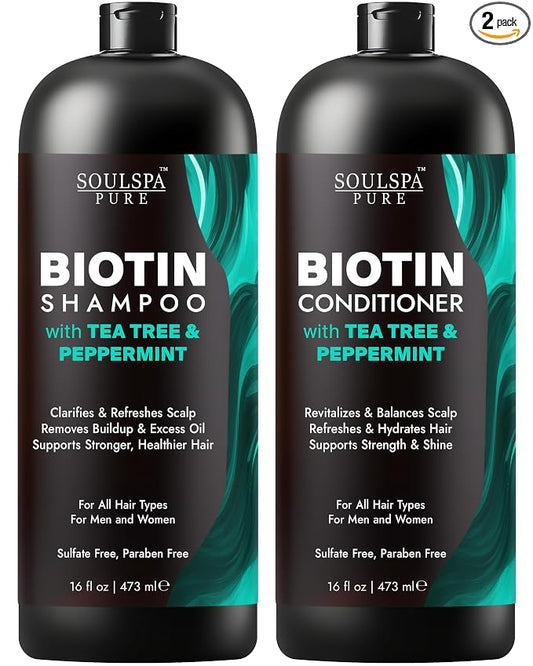 SOULSPA PURE Biotin Peppermint & Tea Tree Shampoo and Conditioner Set - Sulfate Free Scalp Care for Thinning & Color-Treated Hair - Clarifying Formula for Men & Women -16 fl oz Each