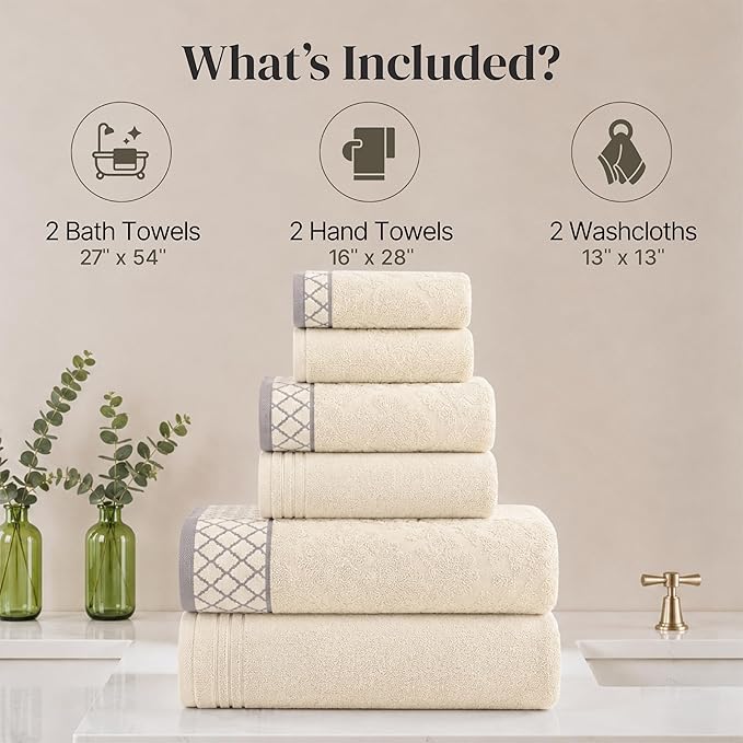 Modern Threads 6 Piece Cotton Bath Towel Set – Ultra Soft 550 GSM Towels – Bathroom Set with Hand Towels and Washcloths – Diamond Border (Ivory Cream)
