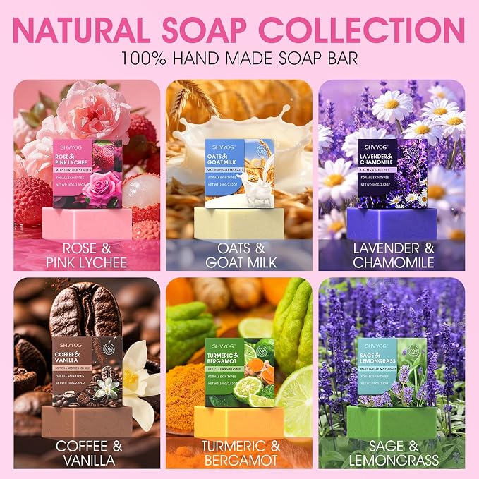 SHVYOG Natural Soap Bar Gift Set, 6PCS Soap Mothers Day Gifts for Mom, with Organic Ingredients & Essential Oils, Cleanses & Softens Skin, Moisturizing, Gifts for Women - 100G*6