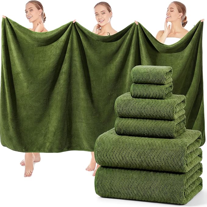 Set of 6 Oversized Bath Towel 40 x 80 Inches Jumbo Bath Sheet Absorbent Microfibers Quick Dry Towel Set with 2 Extra Large Shower Towels 2 Hand Towels 2 Washcloths for Bathroom Spa Gym(Olive Green)