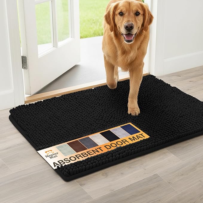 Neater Pets Muddy Paws Dog Door Mat 36” x 24” – Super Absorbent & Quick-Dry Chenille Doormat for Trapping Dirt, Water, Mud - Non-Slip & Machine Washable Pet Rugs for Entryway, Indoor Mud Mats, Black