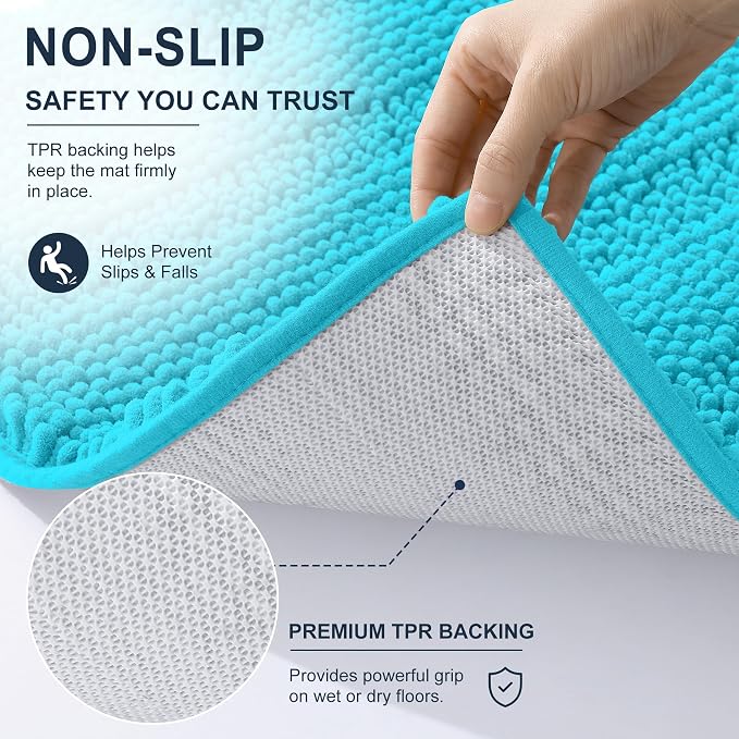 Smiry Thick Small Chenille Bathroom Rugs 24x16, Extra Soft Absorbent Striped Bath Mat, Machine Washable, Rubber Backing, Bath Rugs for Bathroom, Tub & Shower, Home Decor Accessories, Aqua Sky