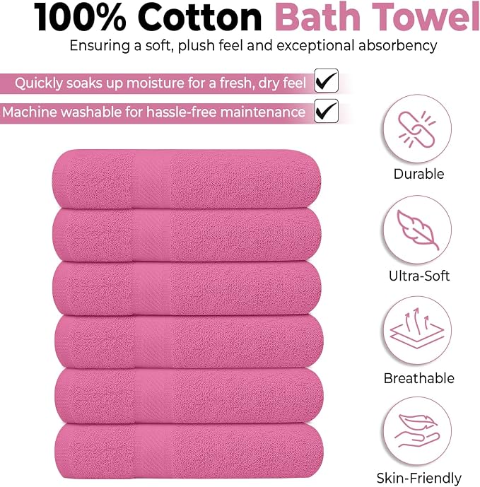 KAHAF COLLECTION 6 Pack Bath Towels Set (27 x 54 Inches) 100% Ring Spun Cotton, Lightweight, Quick Dry, Highly Absorbent Towels (Pink, (27x54) Inches)