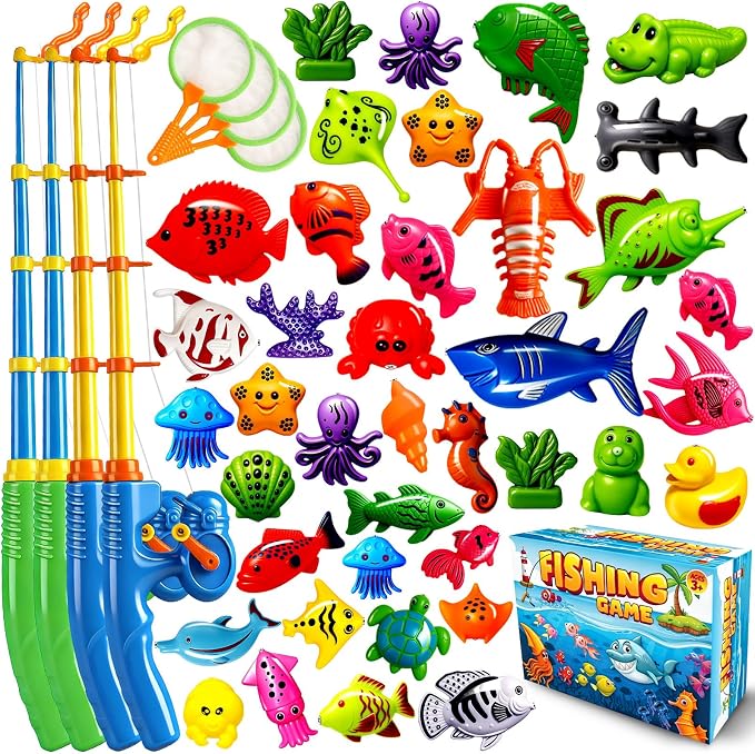 CozyBomB™ Magnetic Fishing Toys Game Set for Kids | Water Table Bathtub Kiddie Pool Party Pole Rod Net, Outdoor Plastic Floating Fish, Toddler Bath Color Ocean Sea Animals Birthday Gift Age 3-5 6 4-8