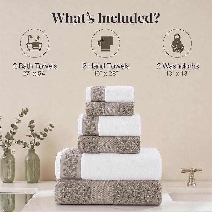 Modern Threads 600 GSM 6-Piece Towel Set with Filgree Jacquard Border Taupe