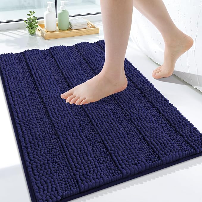 Grandaily Chenille Striped Bathroom Rugs 24x16, Extra Thick and Soft Absorbent Bath Mats, Rubber Backing, Plush Shaggy Shower Carpet, Machine Wash Dry, Bath Rug for Bathroom, Twilight Sapphire