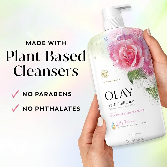 Olay Body Wash for Women, Fresh Radiance, 24/7 Skin-Loving Freshness, Visibly Radiant, Plant Based Cleansers, Vitamin B3 & Antioxidant Blend, All Skin Types, Rose Water & Sweet Nectar Scent, 29 fl oz