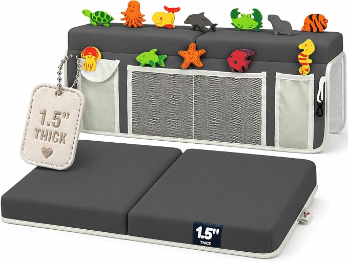 Supa Ant Bath Kneeler –8 Suction Cups & 1.5" Padding.Certified Non Toxic Bath Kneeling Pad for Bath Tub & 5 Bath Toy Organizer. Fast Dry Baby Bath Kneeler and Elbow Rest Pad Set Charcoal