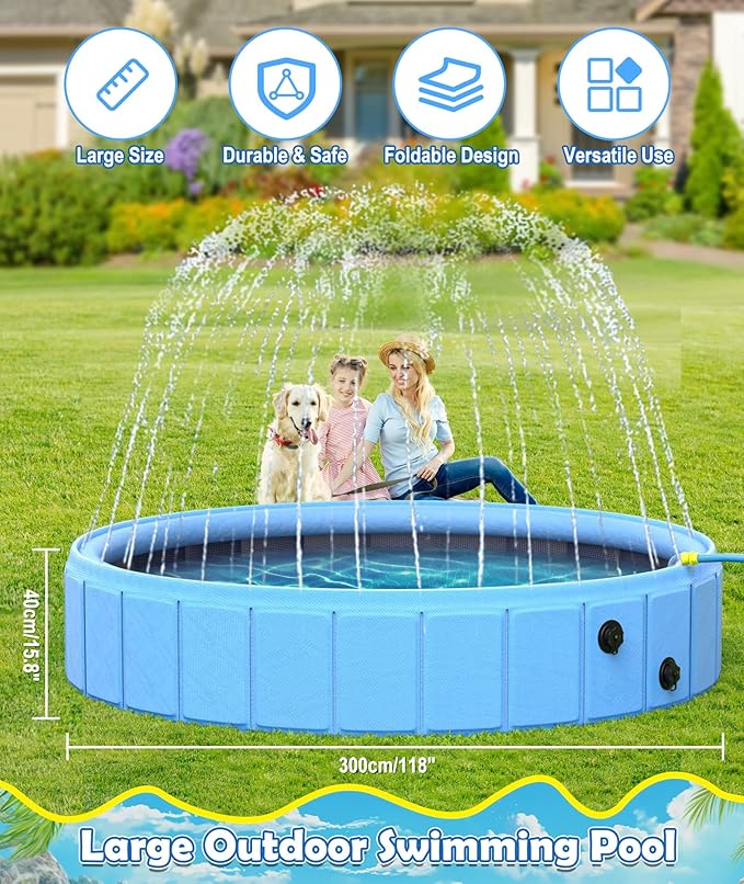 EPN Large Foldable Dog Pool – 0.55MM PVC 2-in-1 Portable Bathtub & Sprinkler for Dogs, Cats, Kids – Heavy Duty, Non-Slip, Summer Water Toy (118 in)